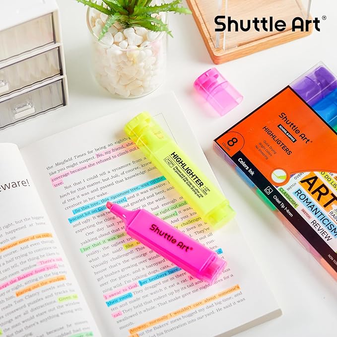 Shuttle Art Highlighters, 8 Assorted Colors Highlighter Pens, Chisel Tip Dry-Quickly Non-Toxic Highlighter Markers for Adults Kids Highlighting on Home School Office