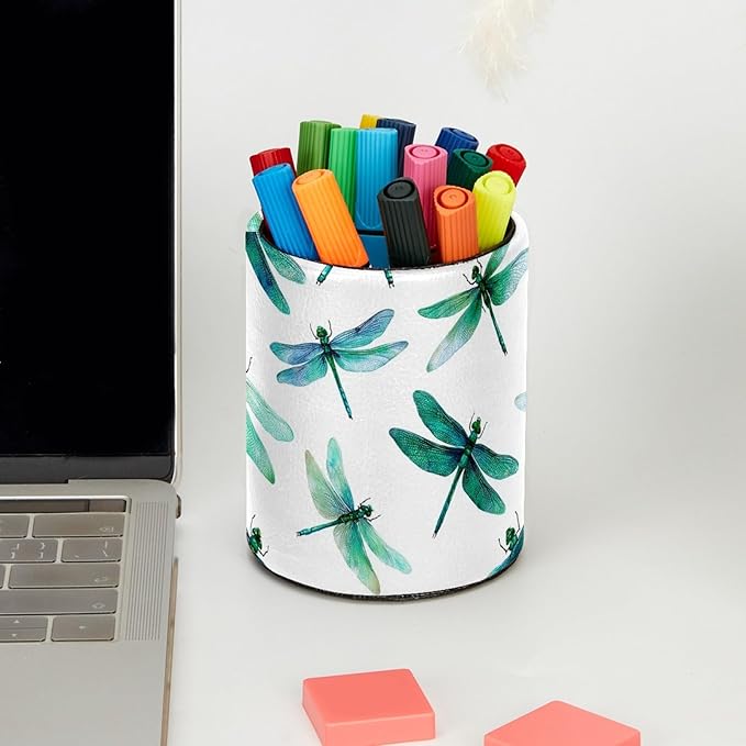 Leather Pen Holder for Desk Dragonflies Cute Pattern Pencil Cup Desktop Organizer Makeup Brush Holders Office Supplies for Home, Kids & School