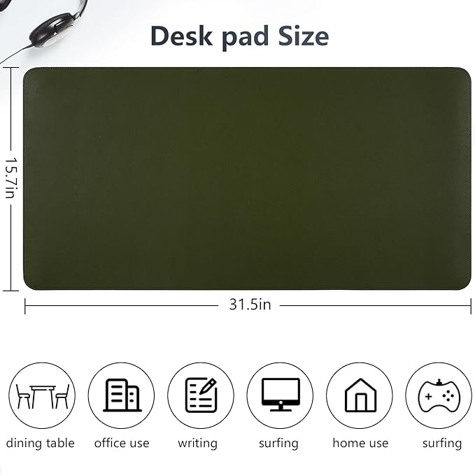 Desk Mat, Dual-Sided Pad, Large Mouse Pad, Natural Cork & PU Leather Non-Slip Waterproof Mats for Office and Home (Army Green, 31.5" x 15.7")