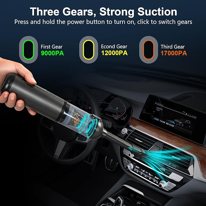 RoDzj Car Vacuum Portable Cordless, 17000Pa 2 in 1 Vacuum Cleaner&Air Duster, 100W Brushless Motor Handheld Vacuum Cordless with 6000mAh Battery, Multi-Nozzles for Car, Home, Office, Pet
