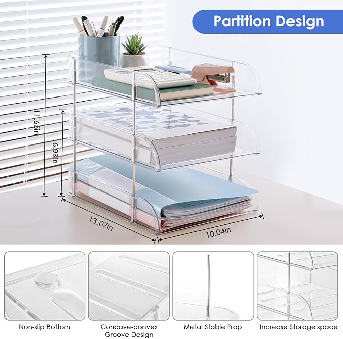 Noger Desk Organizers and Storage, 3 Tier Clear Heightened Desk Organizer, Stackable Paper Tray Organizer for Document, Letter, A4 File Paper, Desk Accessories, Office Supplies (Clear, 3 Pack)