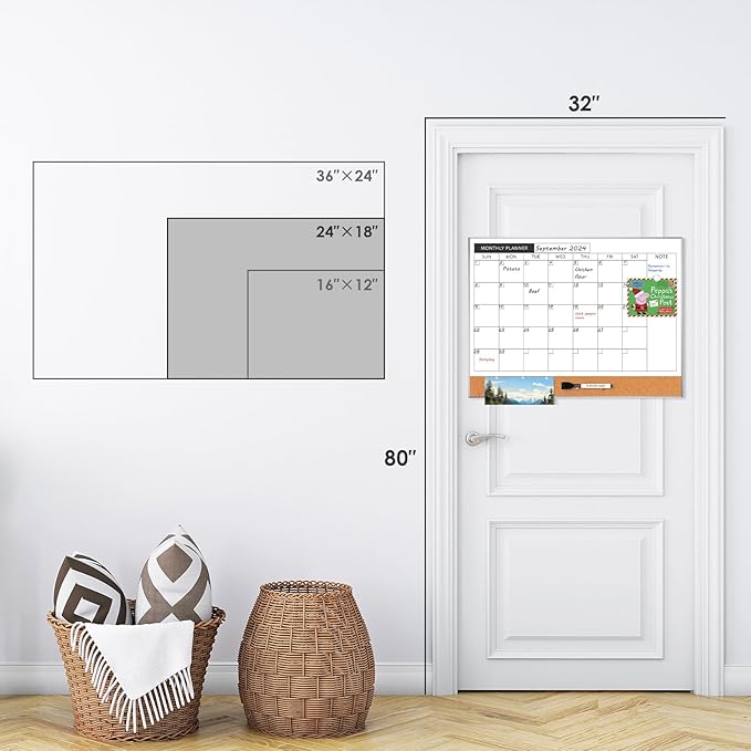 ARCOBIS Dry Erase Calendar with Cork Board for Wall, 36"x 24" Magnetic Calendar Whiteboard with Silver Frame, Monthly Combination Board for School, Home, Office