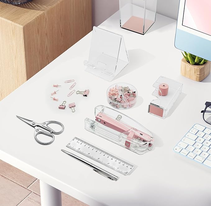 DRQ Pink Desk Organizers and Accessories Office Supplies, 10Pcs Set for Office with Stapler, Tape Dispenser, Pens, Pen Holder, Phone Holder, Tape, Ruler, 1 Box Staple, Scissors and 1 Box of Clip