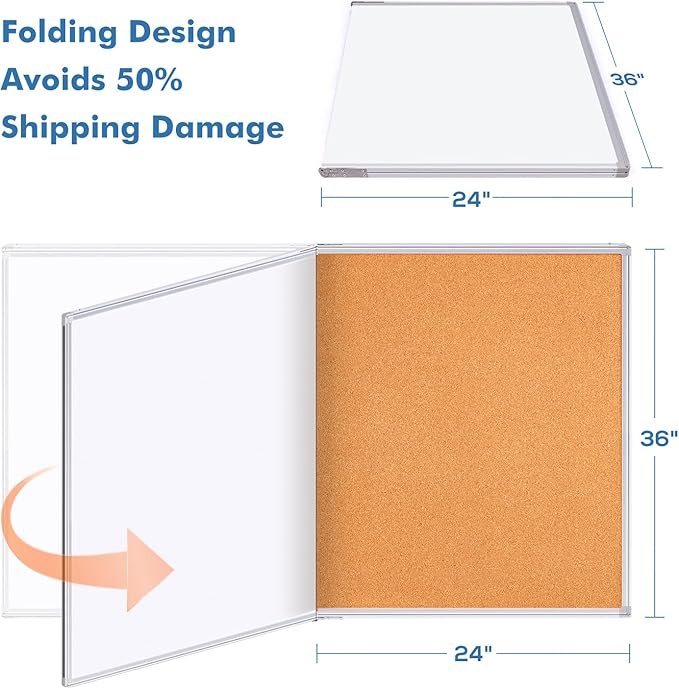 Magnetic White Board and Cork Board Combo, 48 X 36 inches Whiteboard Bulletin Combination Board, Wall Mounted Dry Erase Message Board for Home, School and Office