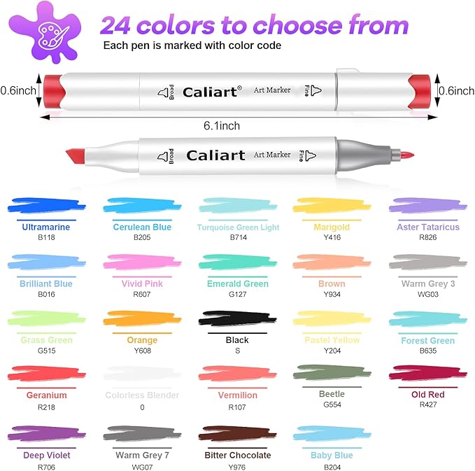 Caliart Alcohol Based Markers, 24 Colors Dual Tip Art Marker Set Fine & Chisel, Permanent Colored Pens for Adults Coloring Book Artists Illustration Sketch Lettering Drawing Cards Planner