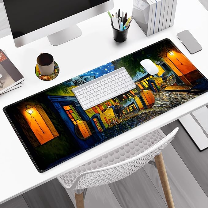 Desk Mat Gaming Mouse Pad, Cute Desk Matt Keyboard Wrist Rest for Desktop, Anti-Slip Mousepad w/Stitched Edges, XXL Large Mouse Pad with Wrist Support for Desk Computer I Terrace of The Cafe