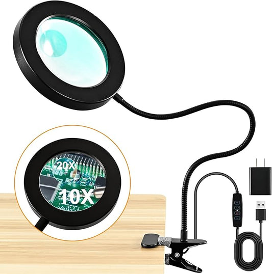 20X/10X Dual-Lens Magnifying Glass with Light and Timer, Combination Lens Magnifier with Light, 3 Color Modes, 2 in 1 Magnifying Desk Lamp for Craft Hobby Painting Sewing Close Work