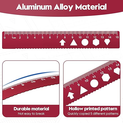 MSDADA Triangle Ruler, Protractor, Square and Ruler Set, 4 Pieces Aluminum Alloy Ruler, Metal Drafting Ruler Kit, Geometric Protractor for Student, School, Home, Office (Red, 15cm/5.9inch)