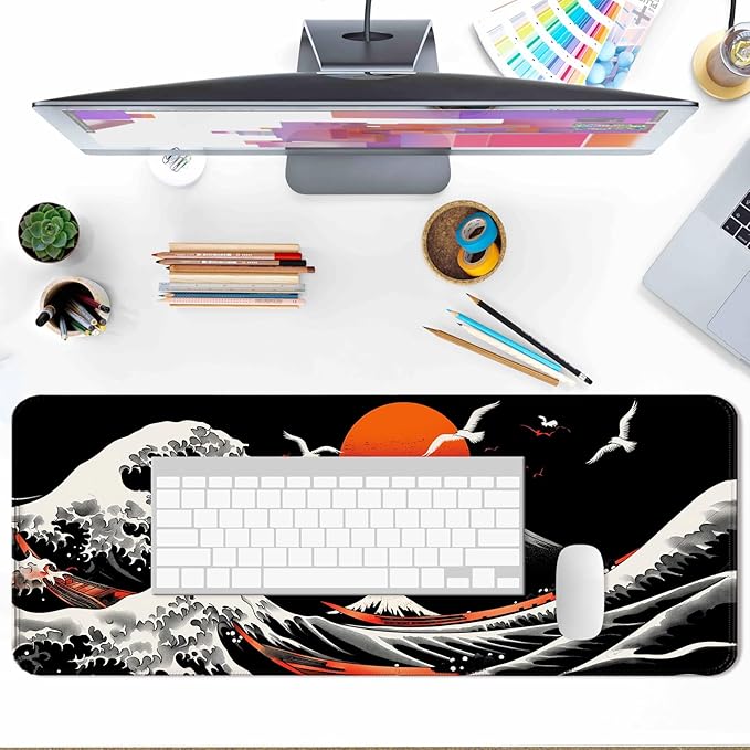 Japan Great Wave Kanagawa and Mount Fuji Gaming Mouse Pad, Extended Large Desk Mat, Computer Keyboard Laptop Mousepad for Work, Office and Home, XL, Black