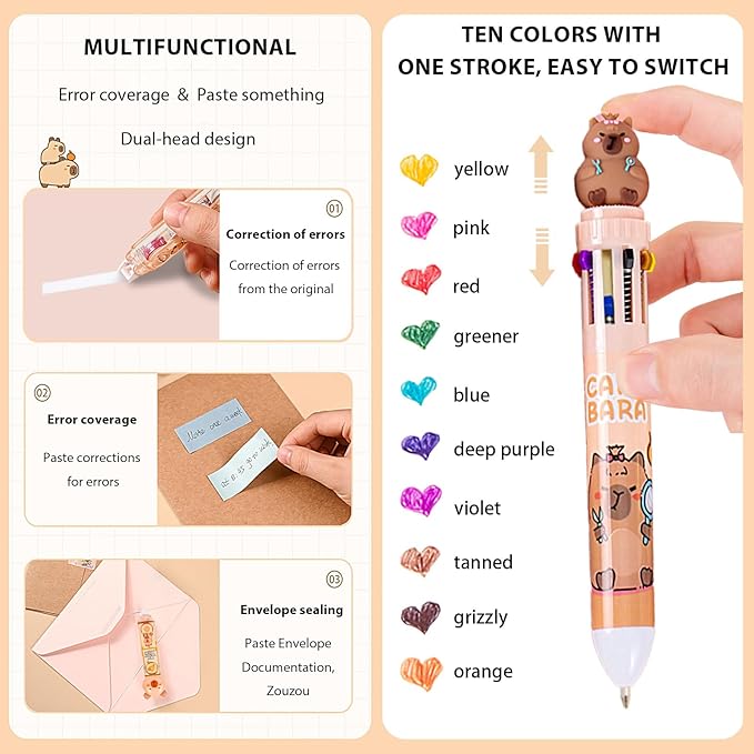 Capybara Stationery Set,Cute Capybara School Supplies,Kawaii Stationery Birthday Gifts,Includes Ballpoint Pens,Eraser, Mechanical Pencils,Correction Tape,Gel Pens,Scissors,for Office School Supplies