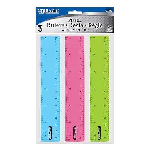 BAZIC Plastic Ruler 6" (15cm), Inches Centimeter Metric Measuring Drafting Rulers, for Students School Supplies (3/Pack), 1-Pack