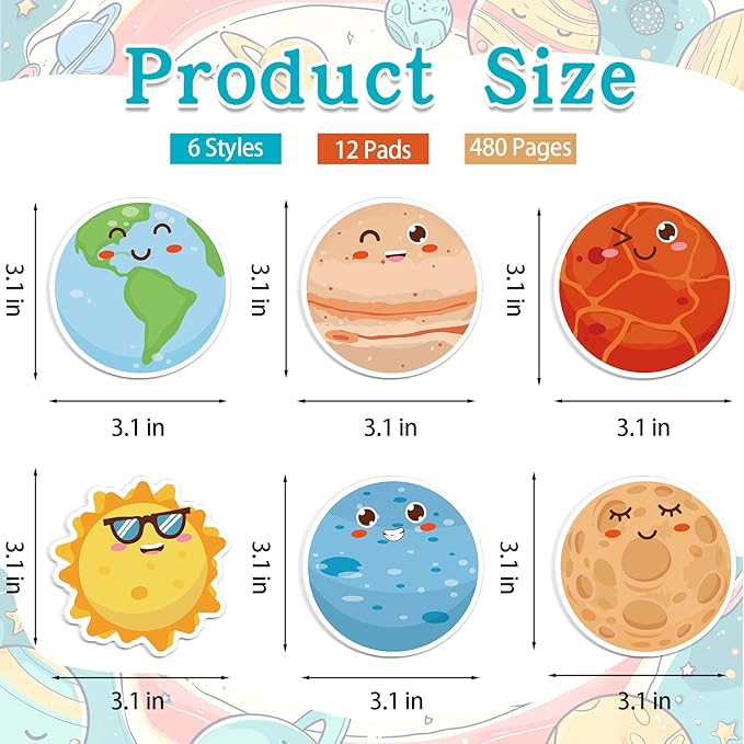 600Pcs Outer Space Sticky Notes, Cute Outer Space Memo Pads Solar System Planet Shaped Self Sticky Notepads for Teachers Office Classroom School Supplies Birthday Party Favors