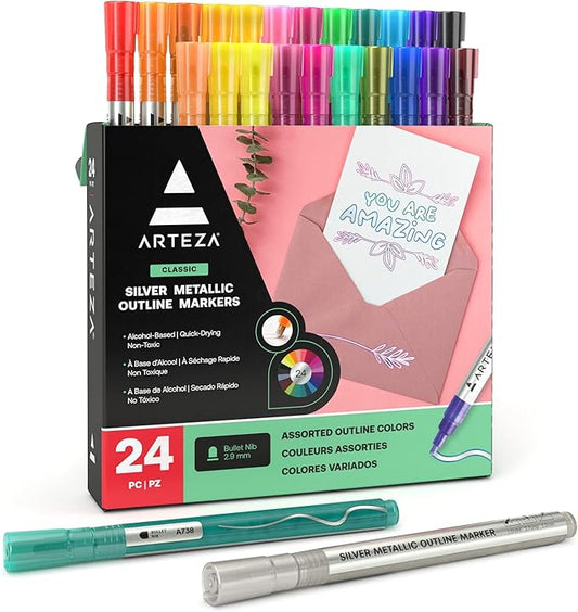 Arteza Double Outline Markers, 24 Colors, Silver Alcohol Markers, Create Metallic Lines with Vivid Color Outlines, Work on Cards, Paper, and Canvas