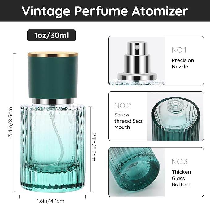 Segbeauty 1oz Empty Vintage Glass Perfume Bottles for Women, 4 Packs 30ml Refillable Perfume Atomizer for Travel, Small Cologne Spray Bottle, Green Travel Cologne Atomizer with Refill Tool for Men