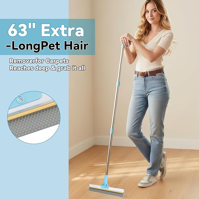 Carpet Rake for Pet Hair Removal Tool, Reusable Pet Hair Rake with 63” Adjustable Long Handle, Cat Dog Hair Remover Carpet Broom and Scraper, for Carpets, Rugs, Mats, Couch, Furniture, Car