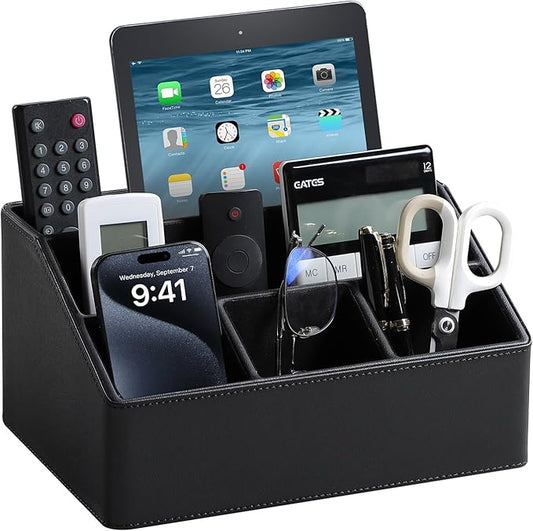 PU Leather Desk Organizer, Luxury Remote Control Holder for Home, Office Desk Accessories Table Caddy Bedside Nightstand Organizer (Black)