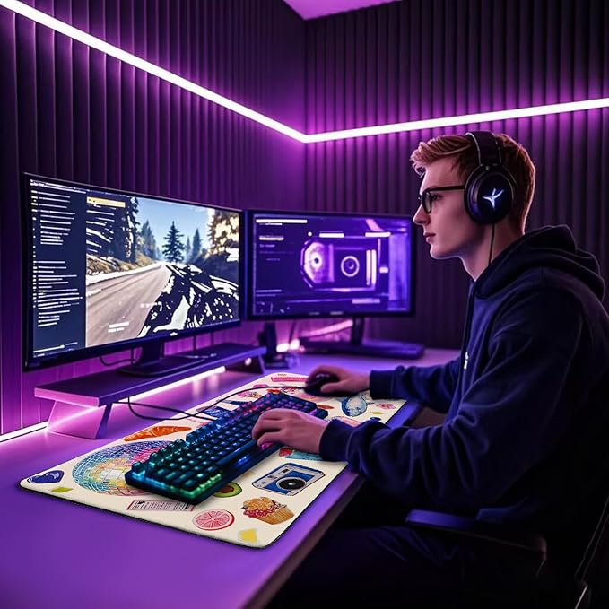 Watercolor Stickers Gaming Mouse Pad 31.5"x15.7"｜XXL Desk Mat, Non-Slip Rubber Base & Stitched Edges - Extended Waterproof Mousepad for PC/Laptop/Office/Home Decor