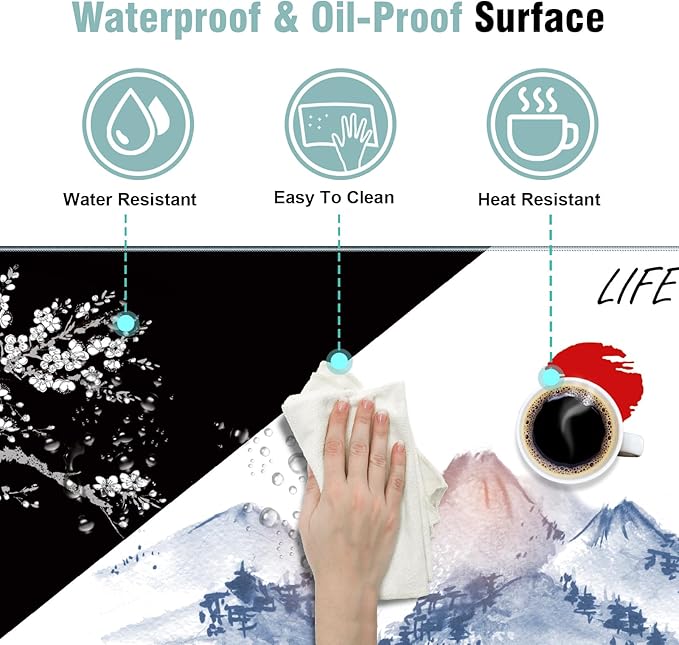 Japanese Death & Life Style Large Mouse Pad, 31.5 X 11.8 Inch Cool Design Full Desk Gaming Mouse Pad Desk Mat, Black White Cherry Blossom & Watercolor Japan Fuji Mountain Painting Mousepad