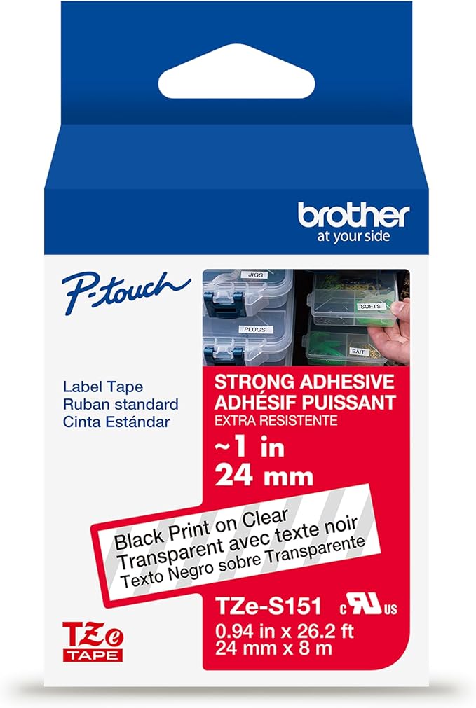 Brother Genuine P-Touch TZe Black Print on Clear Label Tape (TZeS151), Strong Adhesive Laminated,1in x 26.2ft (24mm x 8m), for Select P-Touch Label Makers, Water-Resistant, Extra Strength