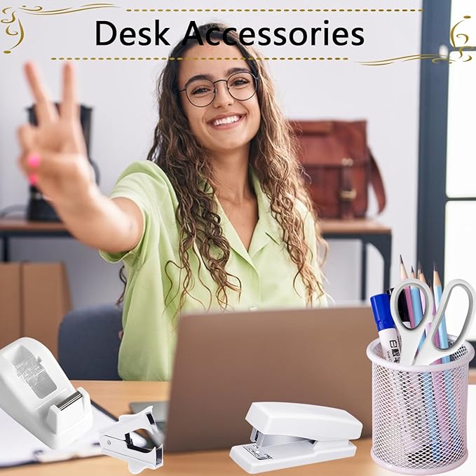 Office Supplies,Desk Accessories, Stapler and Tape Dispenser Set for Women with Stapler, Tape Dispenser, Staple Remover, Staples, Clips, Scissor and Tabs,Gift for Students, Coworkers