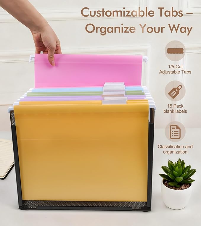 Plastic Hanging File Folders, 15 Pack Letter Size – Waterproof, Tear-Resistant, Pastel Colors with Expandable Bottom & 1/5-Cut Tabs for Filing Cabinets & Office Organization(A)