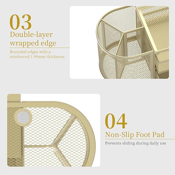 SUPEASY Mesh Desk Organizer, Desk Organizers and Accessories, Pen Holder with Drawers, Pencil Holder for Desk with 2 Drawer for Office Supplies, Golden yellow