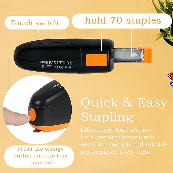 XY-WQ Mini Automatic Electric Stapler - 15 Sheet Capacity and AC Adapter - Electric Stapler, Jam Free, Small Cute Compact Travel Size for Students & Office (Black)