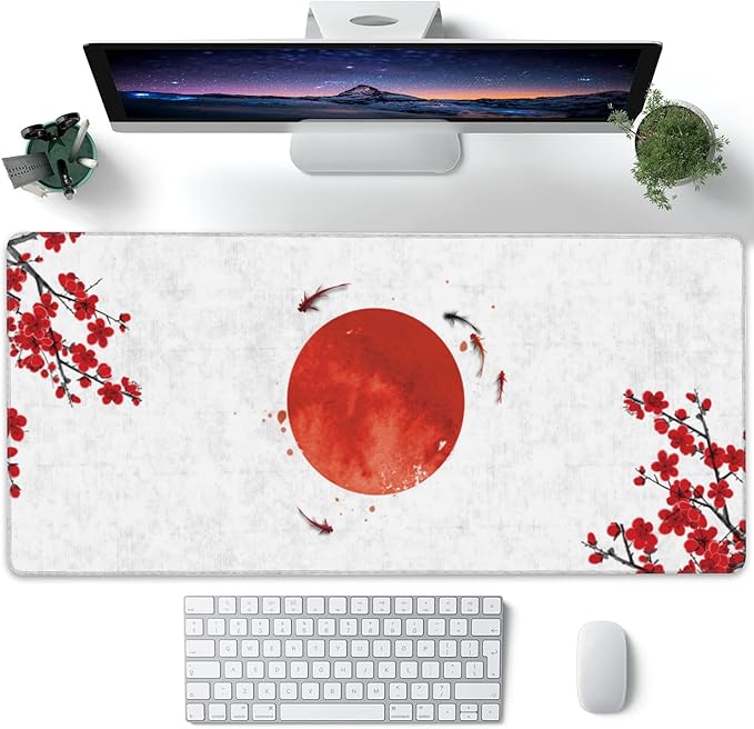 Desk Pad, Cherry Blossom Flowers Koi Carp Fishes and Red Sun Extended Large Gaming Mouse Pad XXL, Large Desk Mat for Desktop with Non-Slip Rubber Base Stitched Edges for Home Office 35.4"X15.7"