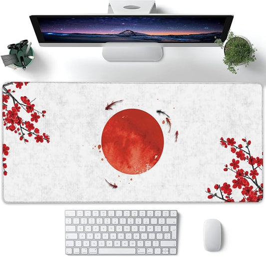Desk Pad, Cherry Blossom Flowers Koi Carp Fishes and Red Sun Extended Large Gaming Mouse Pad XXL, Large Desk Mat for Desktop with Non-Slip Rubber Base Stitched Edges for Home Office 35.4"X15.7"