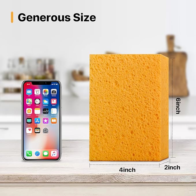 2 PCS Large Natural Cellulose Sponges 6x4x2 Inch - Super Absorbent and Biodegradable, Perfect for Home & Kitchen Cleaning, Boat Bail, Car Washing