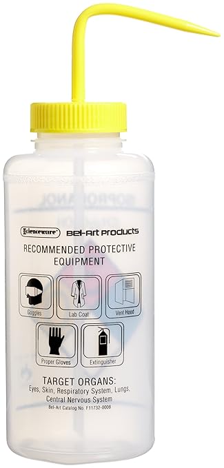 SP Bel-Art Safety-Labeled 4-Color Isopropanol Wide-Mouth Wash Bottles; 1000ml (32oz), Polyethylene w/Yellow Polypropylene Cap (Pack of 4) (F11732-0008)