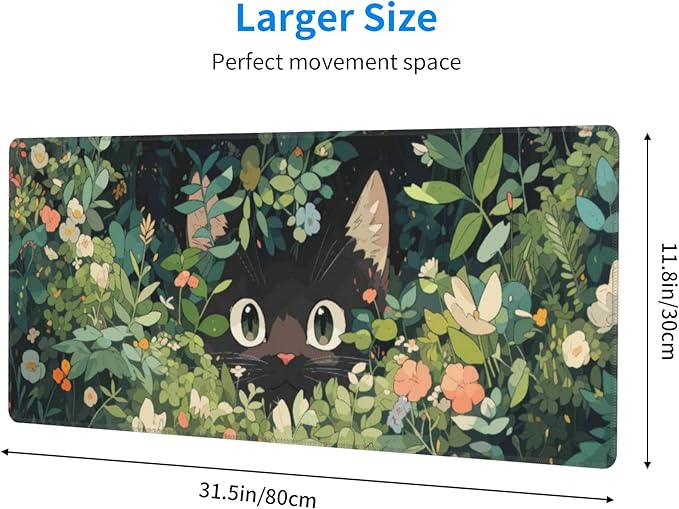 Cat Hiding in Flowers Large Mouse Pad, Anime Style Gaming Desk Mat, XL Keyboard Desk Pad Mat for Desktop, 31.5"x11.8" Non-Slip Base Big Mousepad with Stitched Edges