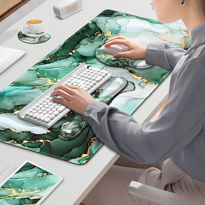 Gaming Mouse Pad, Large Desk Mat, Cute Desk Pad Protector, 4in1 XXL Mousepad + Keyboard Wrist Rest+Mouse Wrist Rest+Coaster Set with Ergonomic Desk Pad for Home Office PC Computer, Green Marble