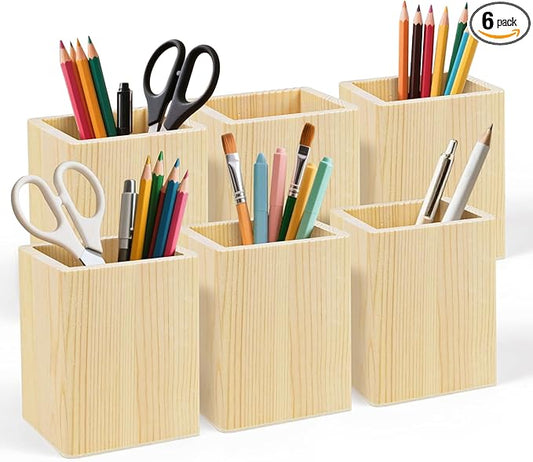 6 Pack Wood Pen Holder Unfinished Wooden Pencil Holder Pine Wood Pen Holder Stand for Desk Office Supplies Makeup Brushes Organizer (Square)