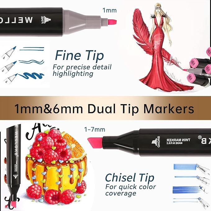 Alcohol Markers Set, 60 colors Alcohol Based Dual Tip, Broad and Brush Tip for Adult Coloring Books, Drawing, Sketching (60)