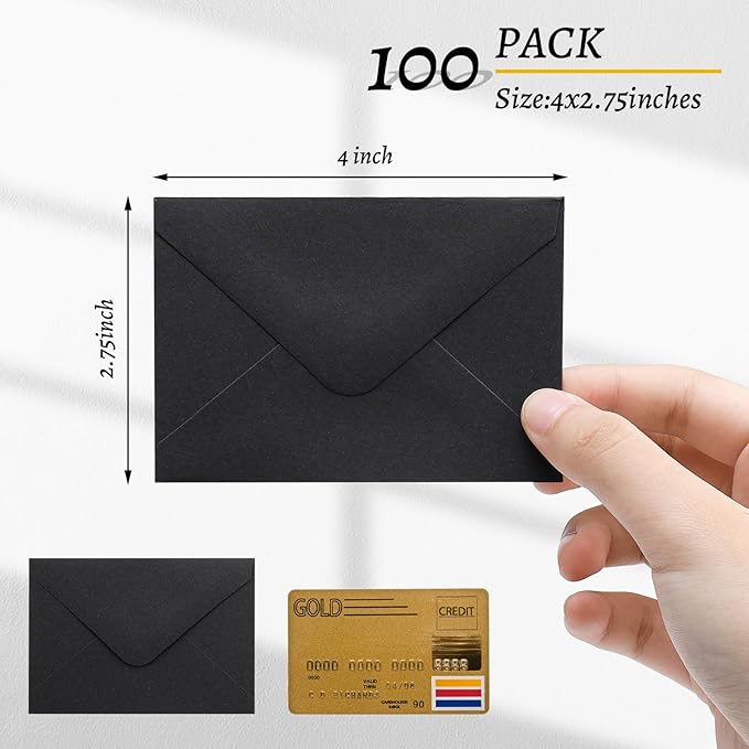 100 Pack 4 x 2.75" Mini Envelopes 120GSM Black Gift Card Envelopes Bulk Small Paper Gift Card Sleeves Greeting Card Business Card Tiny Envelope Pockets for Card & Invitation