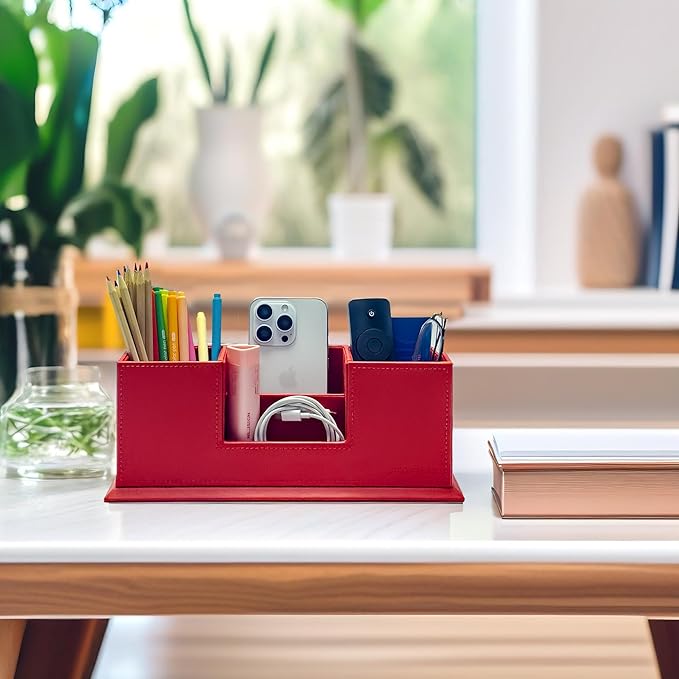 UnionBasic Desk Organizer, Desktop Caddy Leather Multi-compartment Pen Holder Office Stationer Organizer, Red