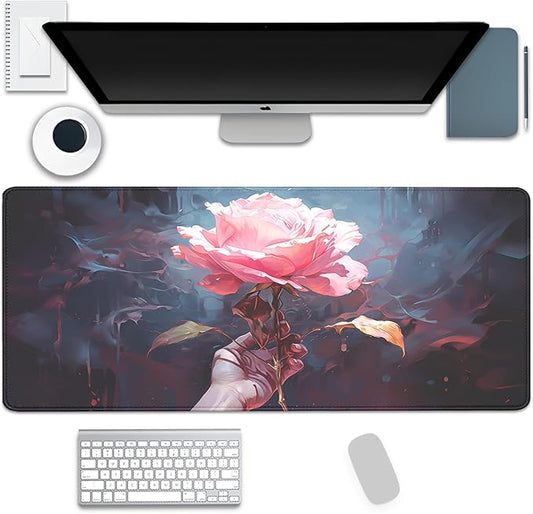 Artistic Flowers Mouse Pad,XL Floral Mousepad Desk Pad with Stitched Edges,Non-Slip Waterproof Rubber Base Mouse Mat Desk Mat for Office Computer Keyboard Laptop Home(27.5x11.8 in)