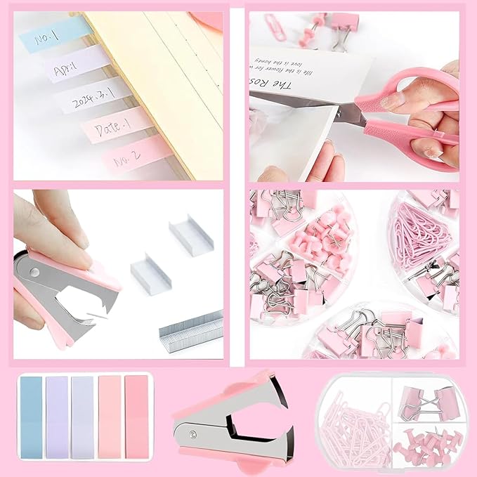 12 Pack Office Supply Kit,Pink Office Supplies Includes Stapler,Tape Dispenser,Staple Remover,Staples,Clips,Scissor,Staples,Clips,Scissor,Ruler and Tabs