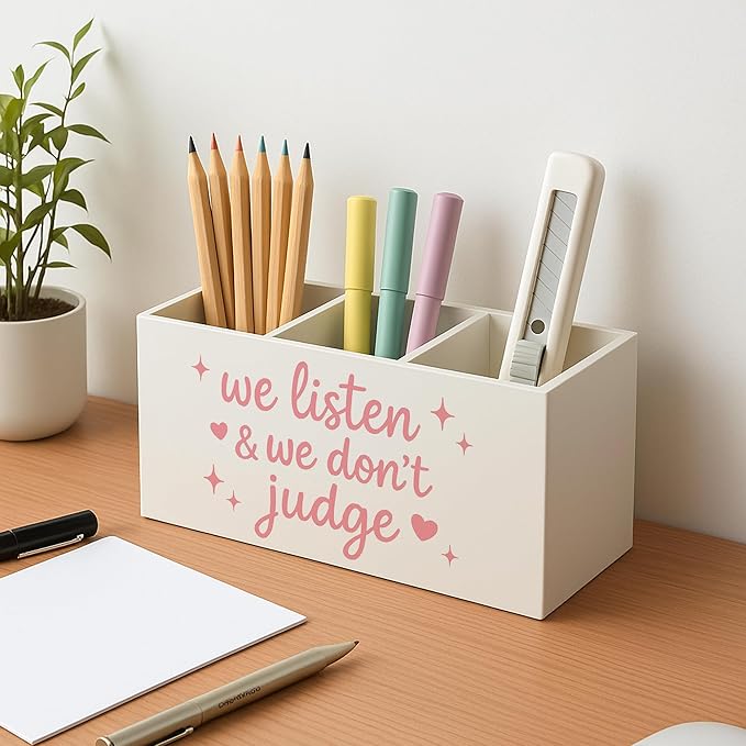 Pink Mental Health Wooden Pen Holder for Desk, Therapy Counselor Office Decor Must Haves, We Listen and We Don't Judge Inspirational Pencil Holder for Desk Decor