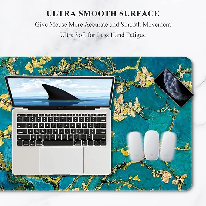 Auhoahsil Desk Pad, XXL Large Mouse Pad, Extended Gaming Mousepad, Cute Desk Mat for Women, Big Office Accessories Mouse Pad for Computer Keyboard and Laptop, 35.6" x 15.7", Teal Van Gogh Almond Tree