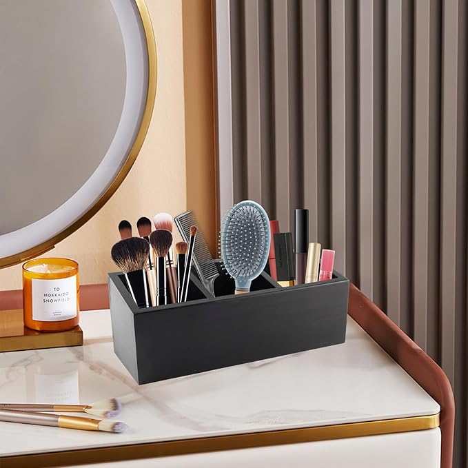 Wood Pen Holder,Office Desk Organizers and Accessories,Pencil Holder for Desk With 3 Compartments,Pencil Dispenser for Classroom,Makeup Storage,Black