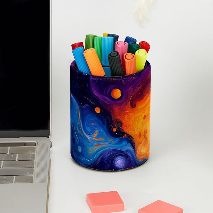 Leather Pen Holder for Desk Abstract Universe Galaxy Pencil Cup Desktop Organizer Makeup Brush Holders Office Supplies for Home, Kids & School