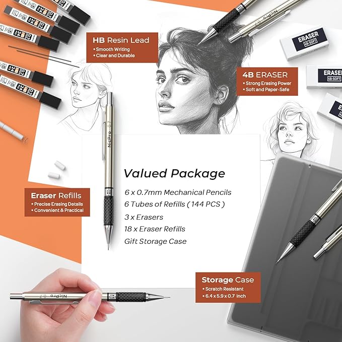 Nicpro 0.7 mm Art Mechanical Pencils Set, 6 PCS Metal Drafting Pencil 0.7mm Tube HB Lead Refills & 18 Cap Eraser for Adults, Children, Artist Writing, Drawing, Sketching, Black, 1 Count (Pack of 6)