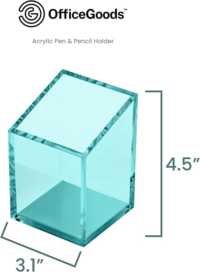 OfficeGoods Acrylic Pen & Pencil Holder - Modern Trapezoid Design - Beautiful Desk Organizer for Home or Office - Contrasting Metal Base - 3" Square w/ 3.5" Front & 4.5" Back - Green
