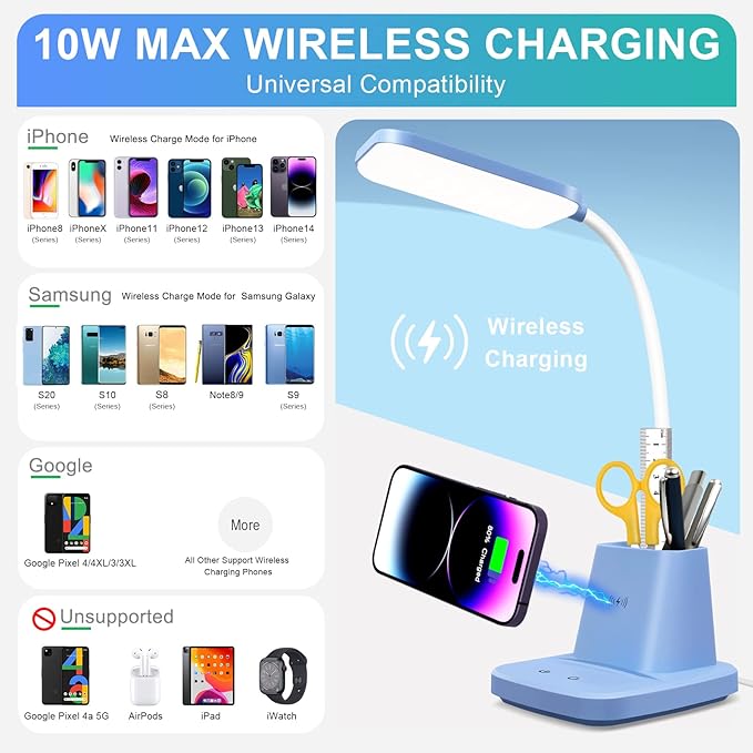 Sailstar Small Desk Lamp, Blue Desk Lamp with Pen Holder, Wireless Charger LED Desk Lamps for Home Office, 800LM Gooseneck 3 Modes Dimmable Touch Cute Desk Lamps, Study Lamps for College Dorm Room