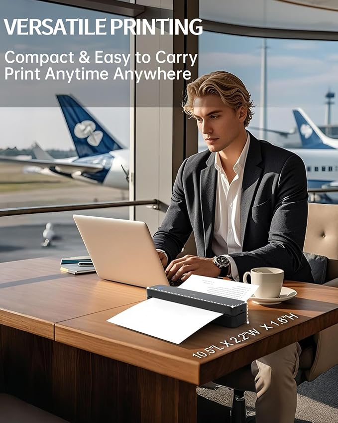 Inkless Portable Printer for Travel, 300DPI Wireless Thermal Printer Support 8.5" x 11" US Letter, A4, MT610Pro Small Bluetooth Printers Compatible with iOS, Android Laptop for Home Office Car, Black