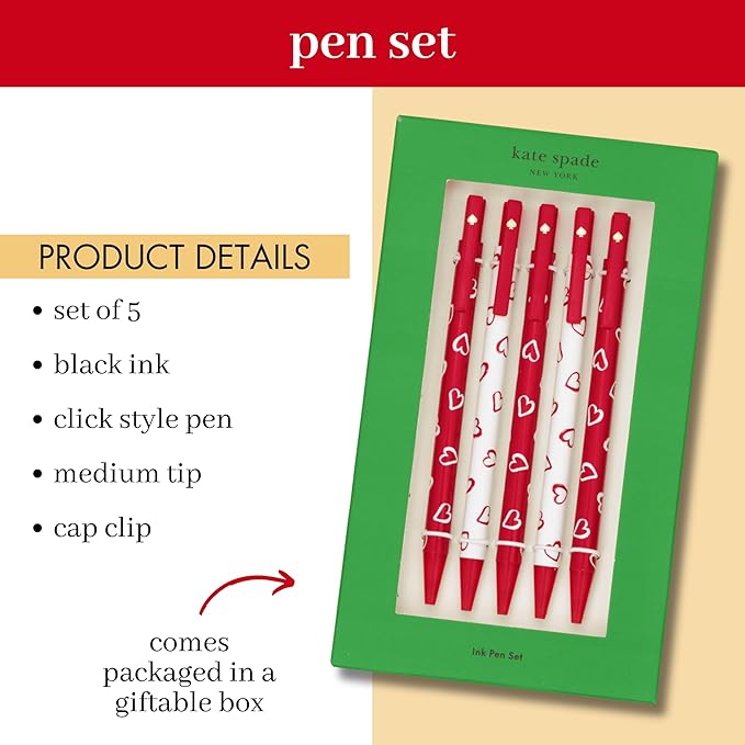 kate spade new york Black Ink Pen Set of 5, Cute Click Pens, Plastic Retractable Pens for Writing and Journaling (Brushstroke Hearts)