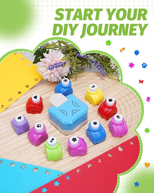 UCEC 3-in-1 Corner Rounder Punch and 10PCS Mini Shape Punches Set, Blue Paper Corner Cutter with 4mm/7mm/10mm Radius, Design Hole Puncher for Scrapbooking, Card Making, Stamp, Teachers and Kids Crafts