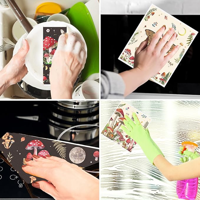 Reusable Swedish Dishcloths for Kitchen, 6PCS Mushroom Moth Cellulose Sponge Paper Towels Washable, Absorbent Fast Drying Swedish Dish Cloth for Home Cleaning